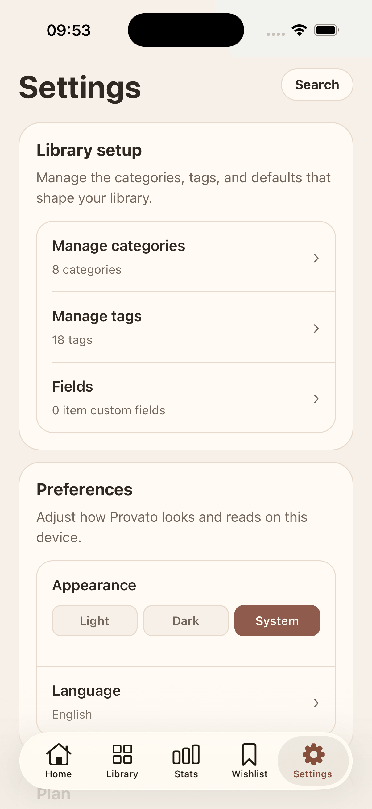 Provato settings screenshot