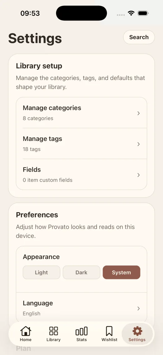 Provato settings screenshot